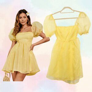 Yellow Puff Sleeve Lace Trim Organza Babydoll Dress